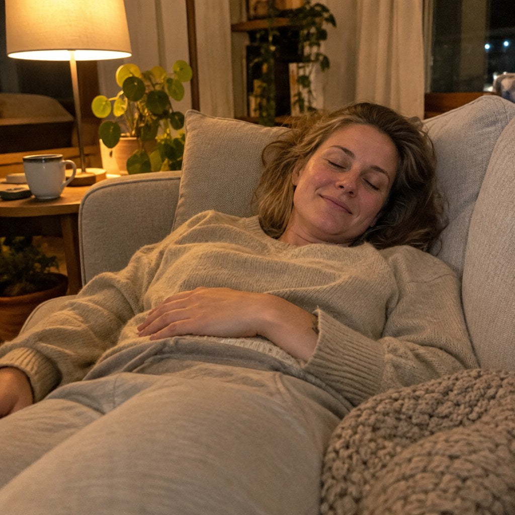 Vrouw van rond de 35 ligt 's avonds ontspannen thuis op de bank