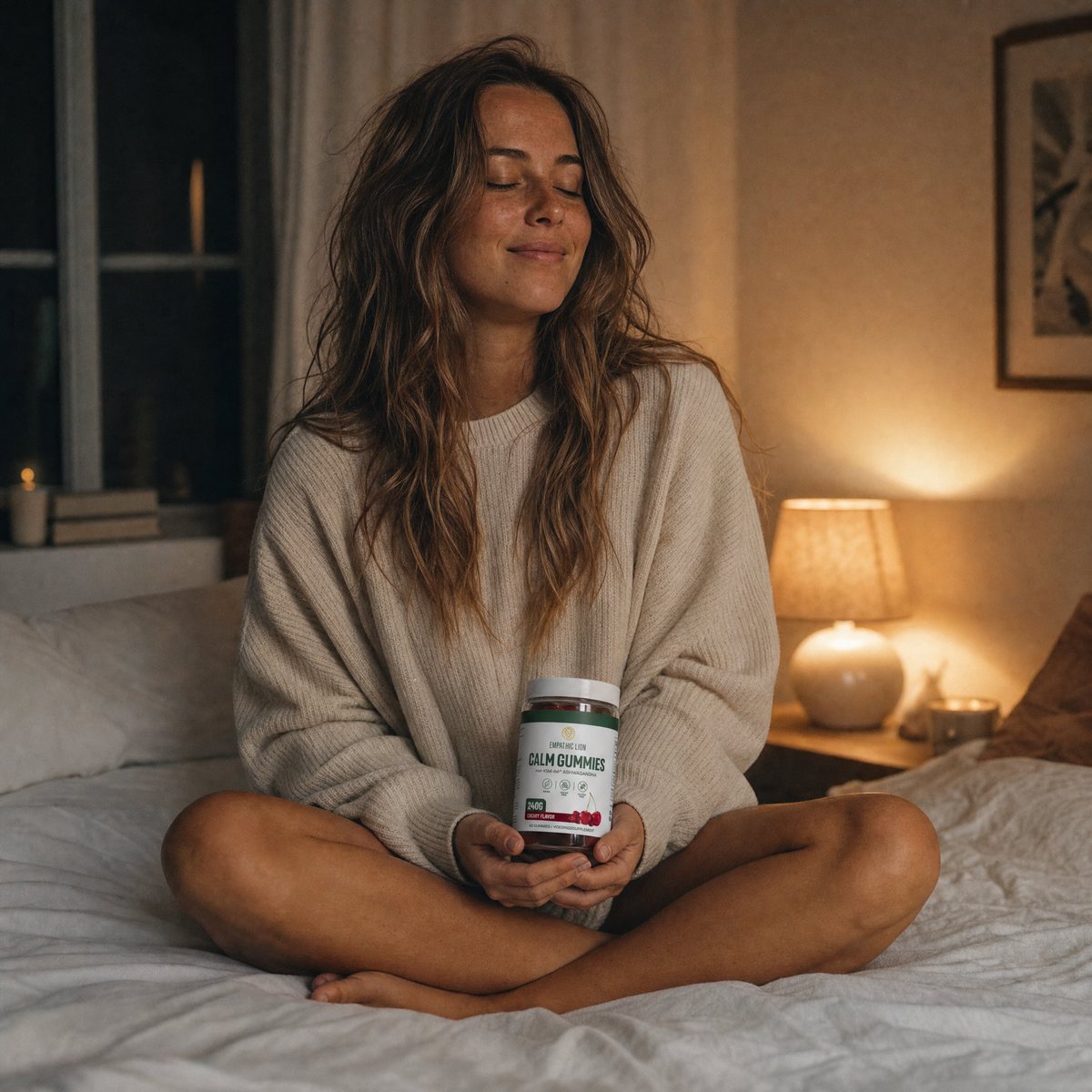 Jonge vrouw zit ontspannen op bed met haar pot Calm Gummies