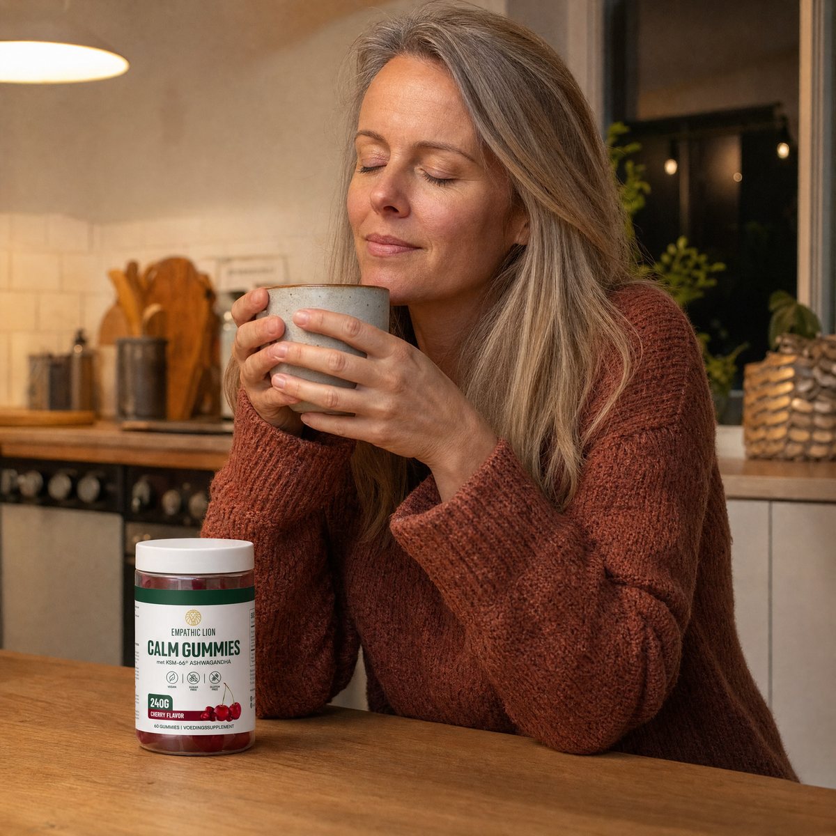 Vrouw zit 's avonds ontspannen aan de keukentafel met thee en een pot Calm Gummies