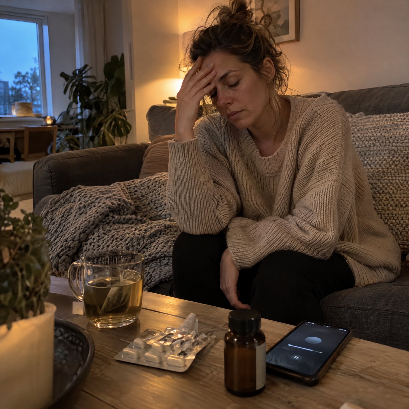 Vrouw zit 's avonds gefrustreerd op de bank, met thee, capsules en haar telefoon voor zich